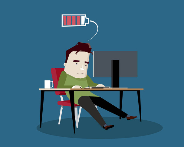 Cansado o estresado a hombre sentado frente a computadora - Vector, Imagen