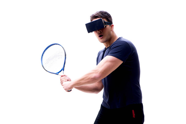 Man playing with virtual reality glasses on white background - Foto, afbeelding