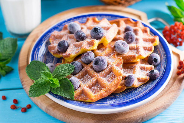 Tatlı ev yapımı kabak waffle pudra şekeri ve mavi ahşap bir masa üzerinde çilek ile - Fotoğraf, Görsel