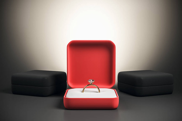 Illuminated diamond engagement ring in red box on grey background. Wedding proposal and happiness concept. 3D Rendering  - Foto, Imagem