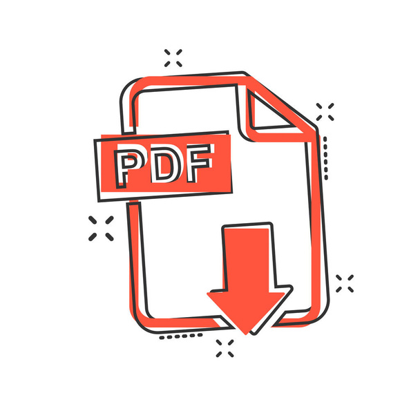 Vektori sarjakuva PDF ladata kuvaketta sarjakuva tyyliin. PDF-muodossa oleva varoitusmerkki. Asiakirja liiketoiminnan splash vaikutus käsite. - Vektori, kuva