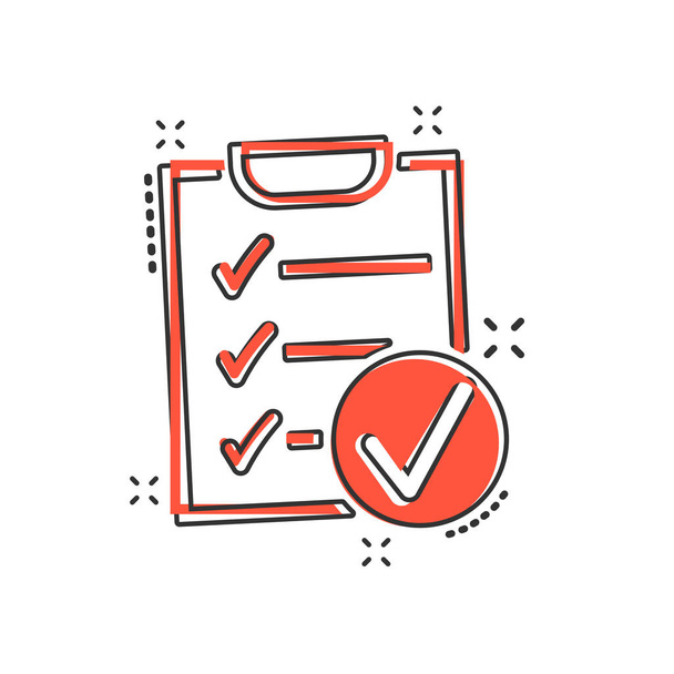 Vector cartoon checklist icon in comic style. Checklist, task list sign illustration pictogram. Survey business splash effect concept. - Vector, Image