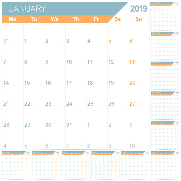 Calendario di pianificazione inglese 2019, Modello di calendario inglese per l'anno 2019, serie di 12 mesi, la settimana inizia il lunedì, modelli di calendario stampabili illustrazione vettoriale
 - Vettoriali, immagini