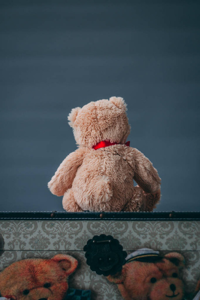 A teddy bear sits on a chest while facing a grey seamless background - Фото, зображення