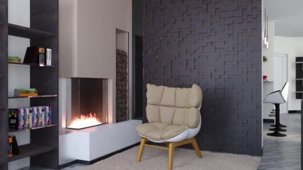 3D-animatie woonkamer huis met moderne open haard en stoel ontwerp - Video