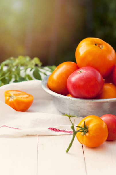 Red and yellow tomatoes in an old aluminum bowl on a wooden board outdoors. Tomatoes background. Vegetable garden. - Photo, Image