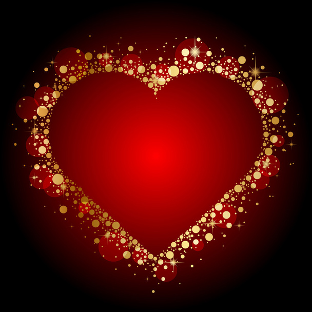 Vector gold shiny heart on red background - Вектор, зображення