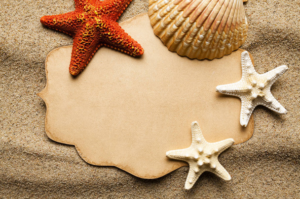 Blank paper label and various shells and starfish on beach sand background - Zdjęcie, obraz