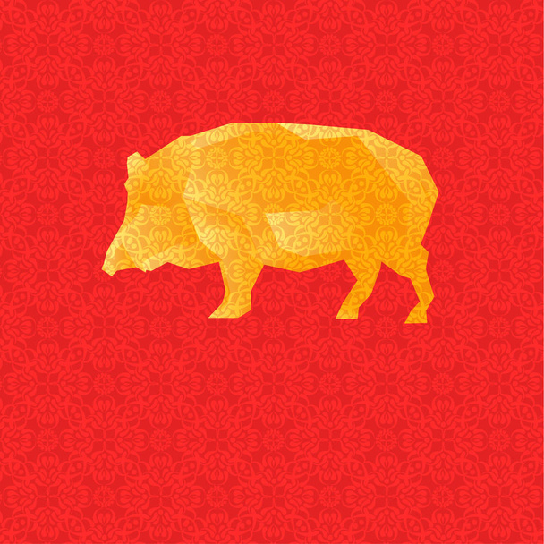 Vektorillustration mit goldenem Low-Poly-Schwein auf rotem Hintergrund mit dekorativer Textur. entwickelt für Grußkarten zum chinesischen Neujahr usw.. - Vektor, Bild