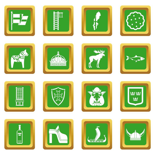 Sweden travel icons set green - Vetor, Imagem