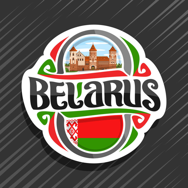 Λογότυπο φορέα για τη Λευκορωσία χώρα, μαγνήτης ψυγείου με κρατική σημαία της Λευκορωσίας, αρχικό πινέλο γραμματοσειρά για τη λέξη Λευκορωσία και Λευκορωσίας εθνικό σύμβολο - Nesvizh κάστρο σε φόντο μπλε συννεφιασμένο ουρανό. - Διάνυσμα, εικόνα