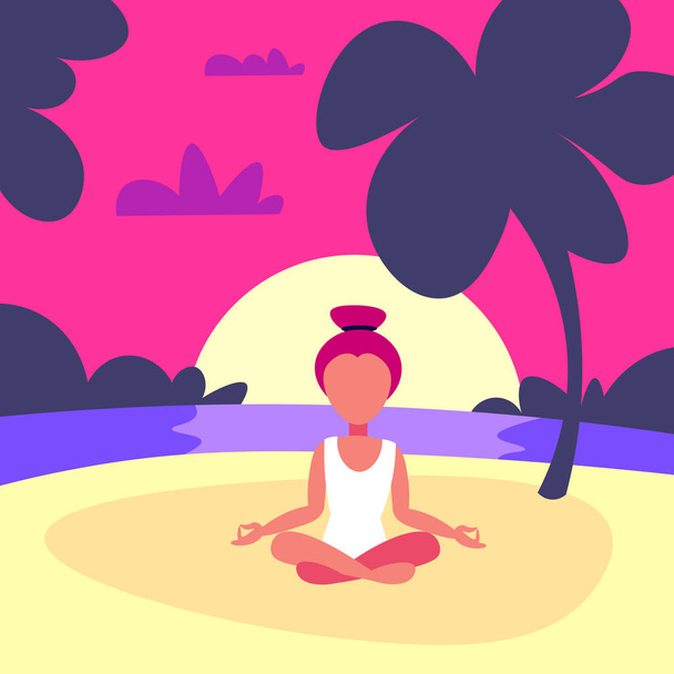 woman doing yoga exercises lotus sunset beach background female sport activity cartoon character full length flat - ベクター画像