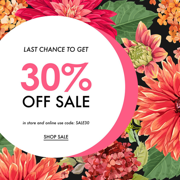 Summer Sale Tropical Banner. Seasonal Promotion with Red Asters Flowers and Leaves. Floral Discount Template Design for Poster, Flyer, Gift Certificate. Vector illustration - Вектор,изображение