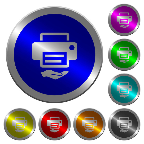Shared printer icons on round luminous coin-like color steel buttons - Vector, Image