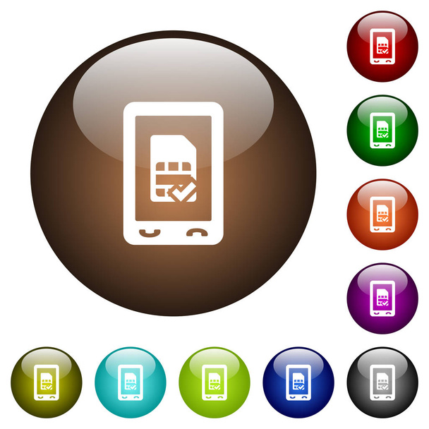 Simcard móvil acepta iconos blancos en botones de vidrio de color redondo
 - Vector, imagen