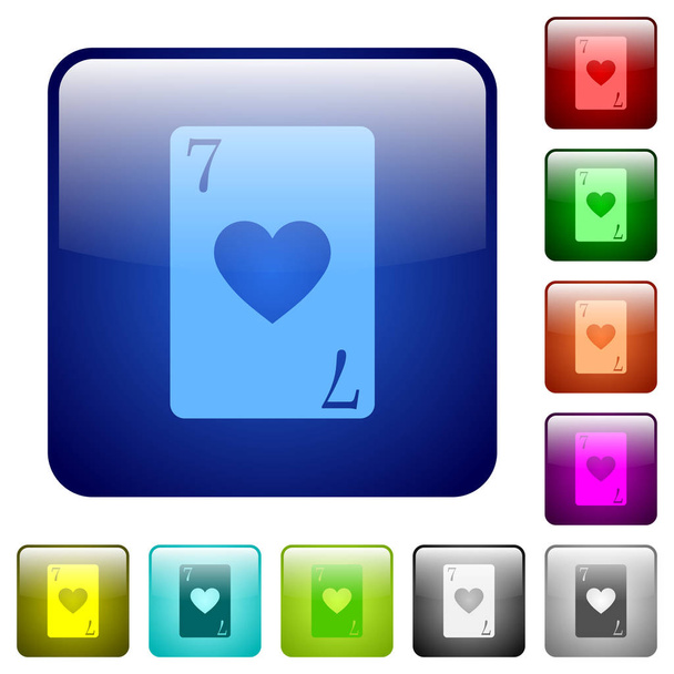 Sieben Herz-Karten-Symbole in abgerundeter quadratischer Farbe Hochglanz-Knopf-Set - Vektor, Bild