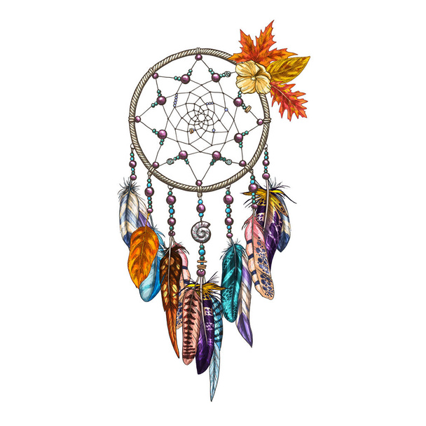 Hand drawn ornate Dreamcatcher with feathers and autumn leaves. Magic symbol, ethnic tribal element. Vector illustration - Вектор,изображение