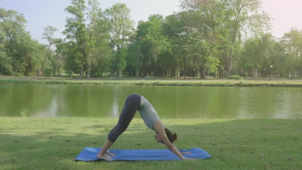 junge asiatische Frau Yoga im Freien Ruhe bewahren und meditiert, während sie Yoga praktiziert, um den inneren Frieden zu erkunden. Yoga und Meditation haben einen guten Nutzen für die Gesundheit. Yoga-Sport und gesundes Lebensstil-Konzept. - Filmmaterial, Video