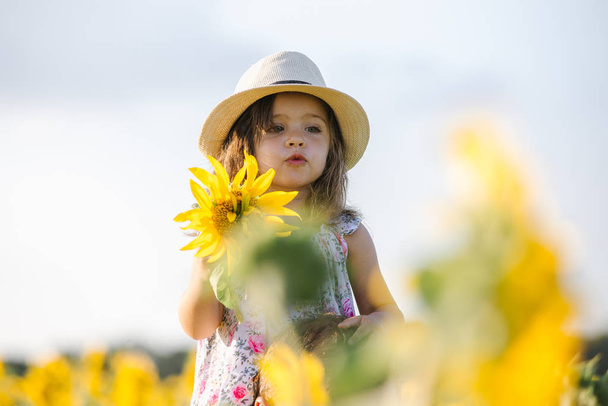 Gelukkig meisje op het veld met zonnebloemen in de zomer. Mooie kleine baby in zonnebloemen - Foto, afbeelding