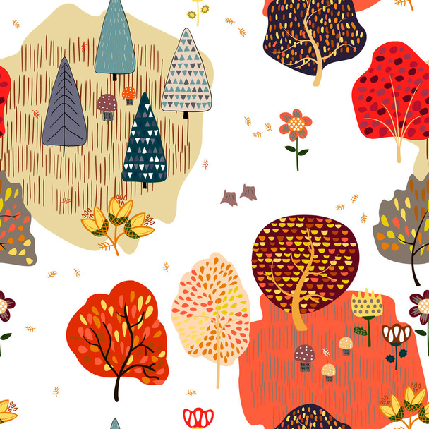 Seamless background with stylized autumn trees. Forest bright pattern. - Vektor, Bild