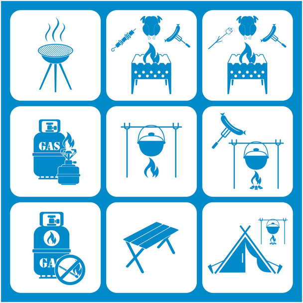 Conjunto de iconos de equipo de viaje y camping. Ilustración vectorial
 - Vector, imagen