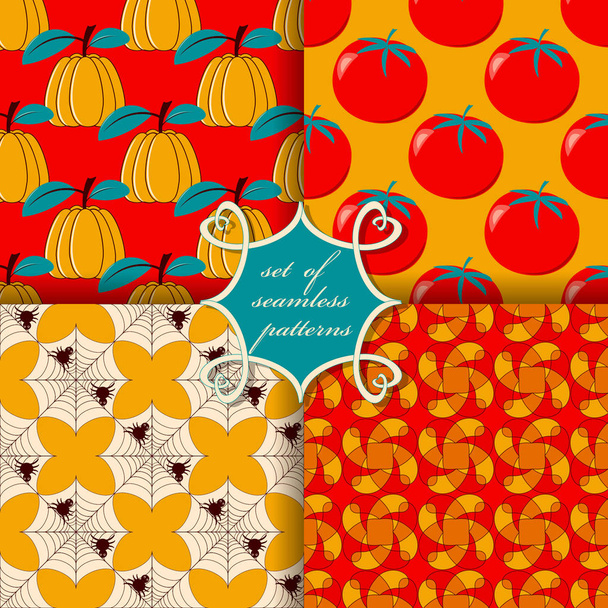 Conjunto de ilustraciones vectoriales sin costura con símbolos de otoño. Calabaza, tomate, telaraña
. - Vector, imagen