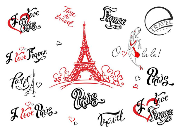 París. En Francia. Conjunto de elementos para diseño. Esbozo de la torre Eiffel. Letras inspiradoras. Plantillas de etiquetas. Modelo de niña. Vector
 - Vector, imagen