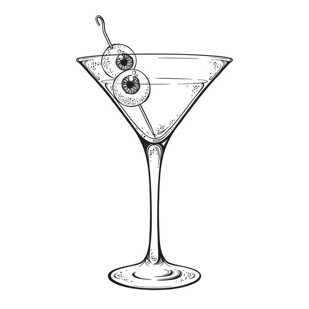 Martini with eyeballs cocktail in glass halloween design hand drawn line art vector illustration - Vector, Image