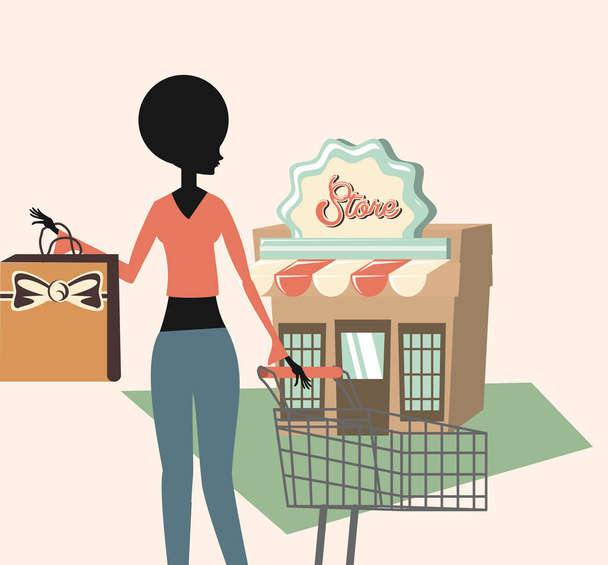 Frau hält Einkaufstasche und Retro-Shop-Grunge-Stil - Vektor, Bild
