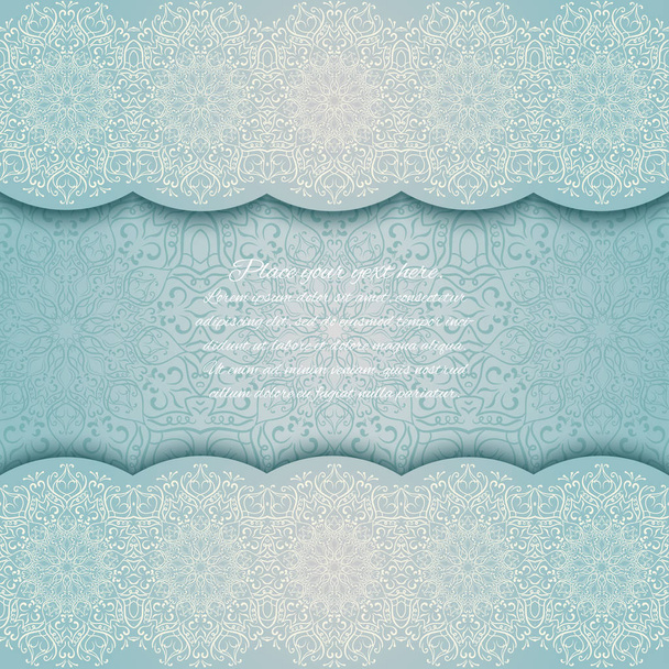Einladungskarte mit Mandala-Rand. türkisfarbene Spitzenkarte. Mandala-Rahmen. Pastellfarben Hintergrund. runde Spitze. - Vektor, Bild