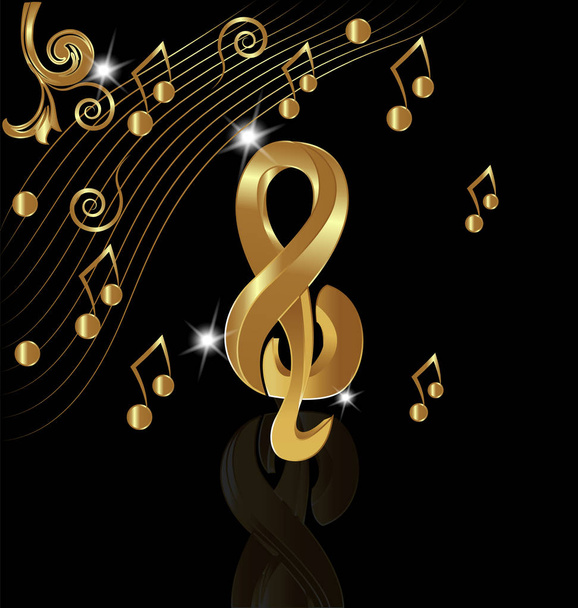 Gold musical note on black background - Vector, Image