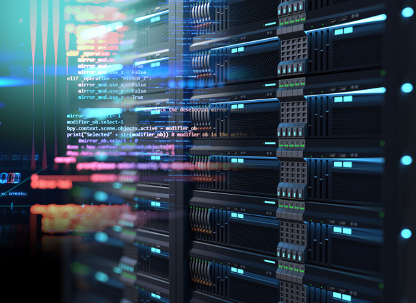 Super počítač serveru stojanů v datacenter. 3D obrázek - Fotografie, Obrázek