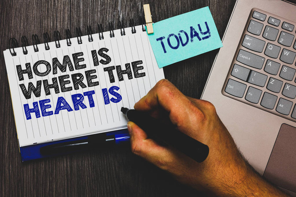 Word writing text Home Is When The Heart Is. Business concept for Your house is where you feel comfortable and happy Paperclip grip sticky note with text hand hold pen computer on wooden desk - Photo, Image