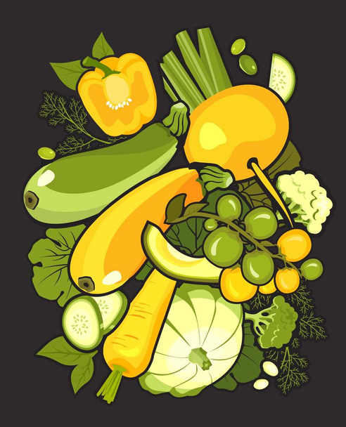 Ilustração vertical vetorial com folheto de cartaz de legumes maduros no fundo branco sobre alimentos saudáveis logotipos estilizados colher e garfo para restaurante ou café
 - Vetor, Imagem