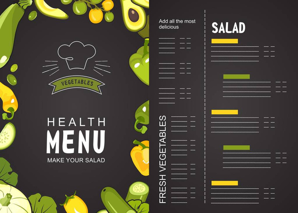 Vektorillustration Menü für ein richtiges Lebensmittelgeschäft oder Restaurant mit reifem Gemüse zwei Seiten auf schwarzem Hintergrund - Vektor, Bild