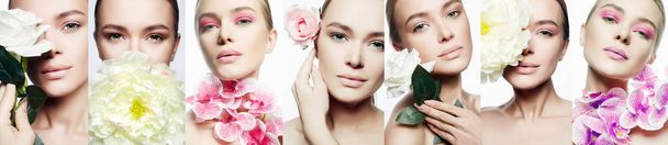 Schoonheid collage. Mooie jonge vrouw met Make-up en bloem. Meisje met bloemen. Schone huid gezicht, zorg. - Foto, afbeelding