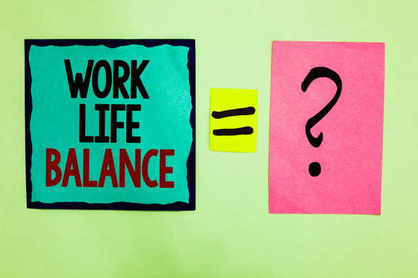 Text sign showing Work Life Balance. Conceptual photo Division of time between working or family and leisure Black lined written note middle queal pink page black question mark - Photo, Image