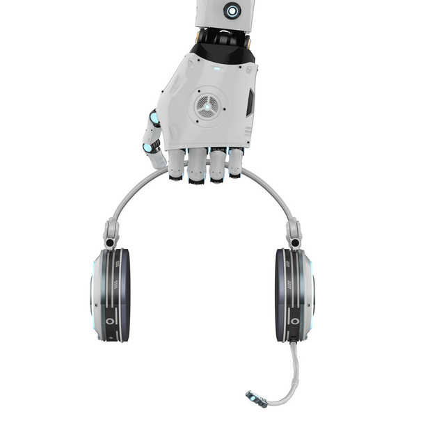 白い背景のヘッドセットを持っている 3 d レンダリング ロボット手 - 写真・画像