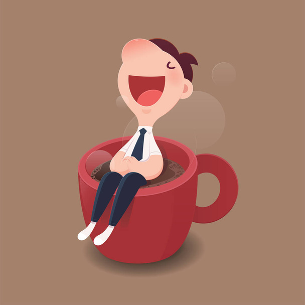Personaje de dibujos animados hombre de negocios sentado en una taza roja de café caliente. Buenos días y buenos días, Vector e ilustración
. - Vector, imagen