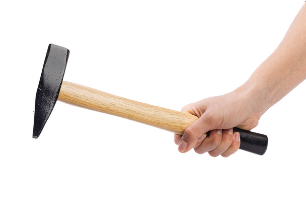 hand with hammer isolated on white background - Φωτογραφία, εικόνα