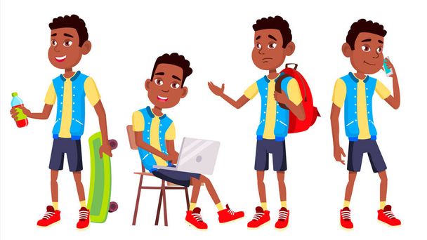 Boy Schoolboy Kid Poses Set Vector. High School Child. Classmate. Teenager, Classroom, Room. Black. Afro American. For Advertising, Booklet, Placard Design. Isolated Cartoon Illustration - Vector, Image