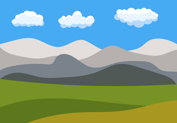natürliche Cartoon-Landschaft im flachen Stil mit blauem Himmel, Wolken, Hügeln und Bergen. Vektor illustratio - Vektor, Bild