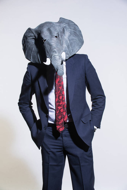 Un hombre con traje y una máscara de elefante sobre un fondo claro. Contexto empresarial conceptual
 - Foto, imagen