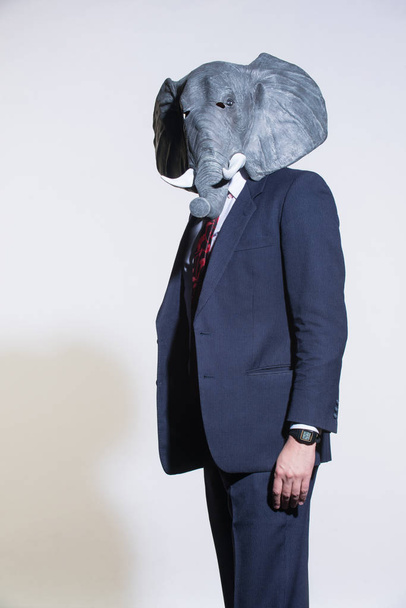 Ένας άνθρωπος σε ένα κοστούμι και μια μάσκα ελέφαντα σε ανοιχτόχρωμο φόντο. Εννοιολογική επιχειρησης - Φωτογραφία, εικόνα