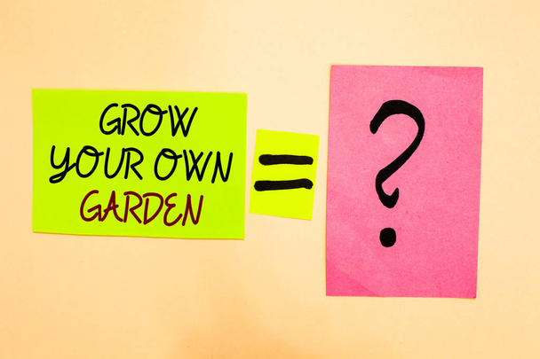 Writing note showing Grow Your Own Garden. Business photo showcasing Organic Gardening collect personal vegetables fruits Written on green sticky note on yellow and question mark on pink paper - Photo, Image