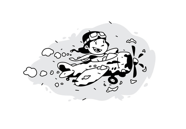 Ilustración de un niño de dibujos animados volando en un avión entre las nubes. Ilustración vectorial. La imagen está aislada sobre fondo blanco. Ilustración para impresión y sitios web. El piloto es el héroe de nuestro tiempo
. - Vector, Imagen