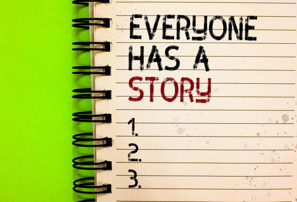 Word writing text Everyone Has A Story. Business concept for Background storytelling telling your memories tales Written black and red text and number on white notepad green background - Photo, Image