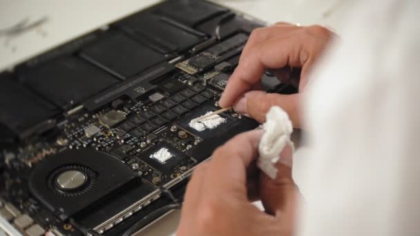Een man repareert een laptop. Het concept van computer reparatie. Close-up van de mens reparatie laptop moederbord met een schroevendraaier. Onderhoud van de hardware van het moederbord. Schijfhouder, computer reparatie - Video