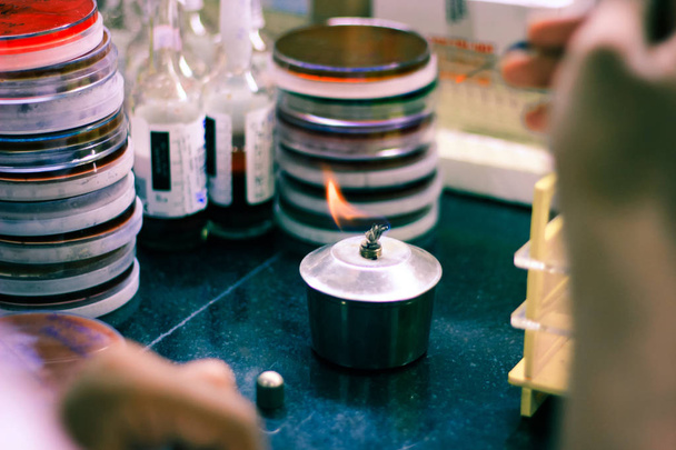 спиртовой ягненок, зажженный в лаборатории микробиологии с целью стерилизации
 - Фото, изображение