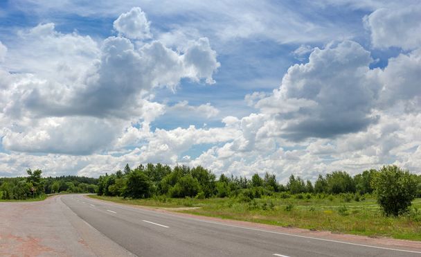 Знак поворота дорожного полотна на ровной местности покрытой лесом на фоне неба с перистыми и кучевыми облаками в летний день
 - Фото, изображение
